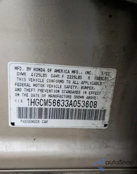 2003 Honda Accord Ex из США, поврежденный, VIN 1HGCM56633A053608